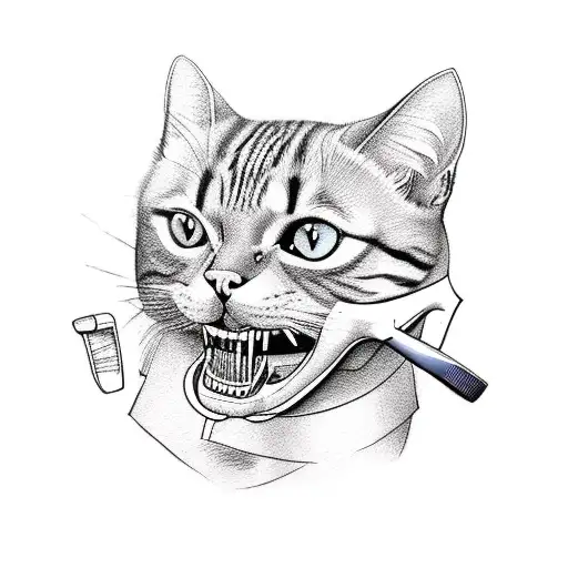 A Dentist-themed Tattoo With A Cat Wearing A Dental Mask And Holding A Toothbrush