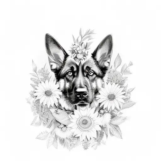 German Shepherd Portrait With A Wreath Of Flowers As A Memorial Tribute