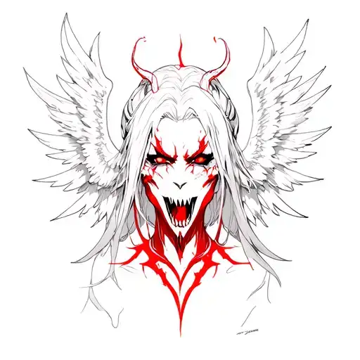 Angel Fallen Banished With Black And Red Game With Demonic Face Anime Style