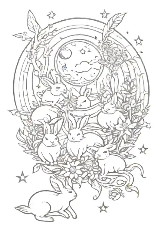 Bunnies Between Sun And Moon Surrounded