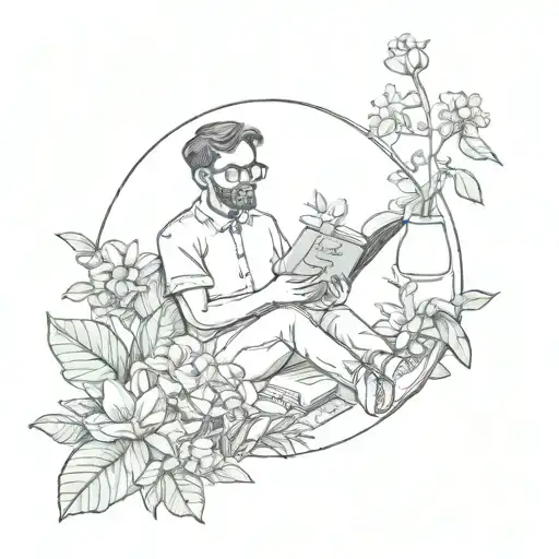 A Tattoo Of A Teacher Reading A Book Surrounded By Plants And Flowers
