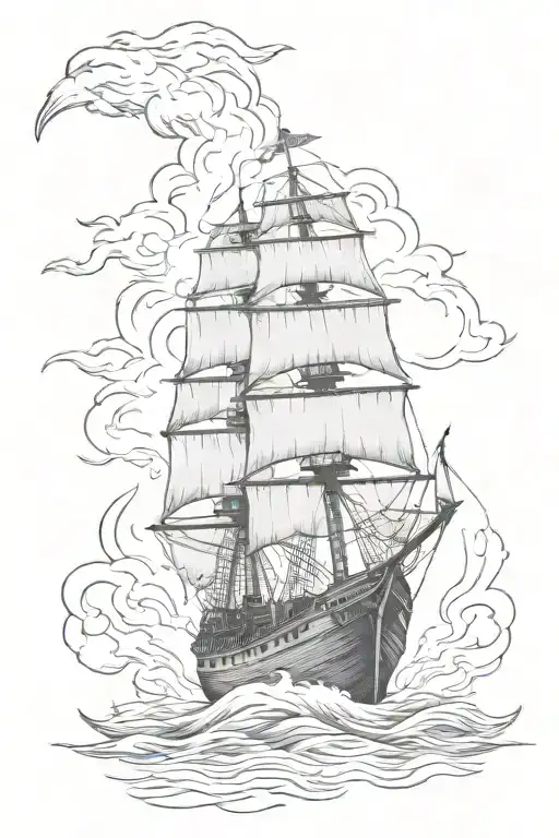 A Woodcut Style Tattoo With The Main Focus On A Medieval Ship On Fire On The Sea