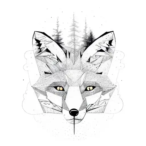 A Forest In The Shape Of A Fox Head And The Right Side Is A Lake Reflection Of The Forest