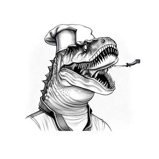 A T-rex Chef Wearing A Chef Hat And Holding A T-rex Knife In One Hand And A Frying Pan In The Other