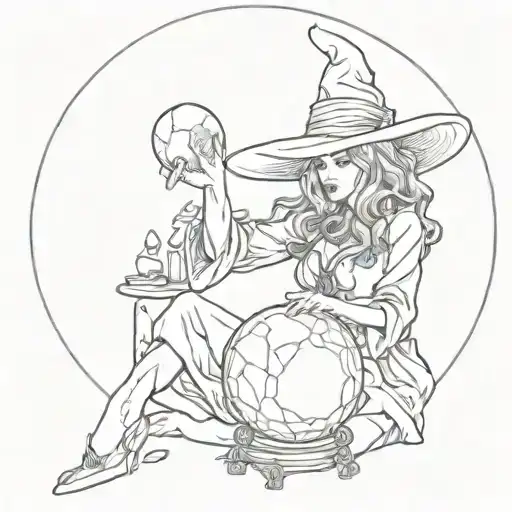 Witch With Crystal Ball And Full Moon In The Background