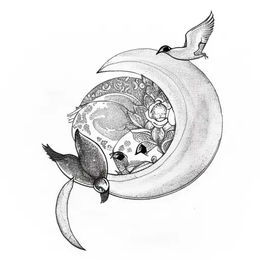Crescent Moon With Bird And Lotus Flower