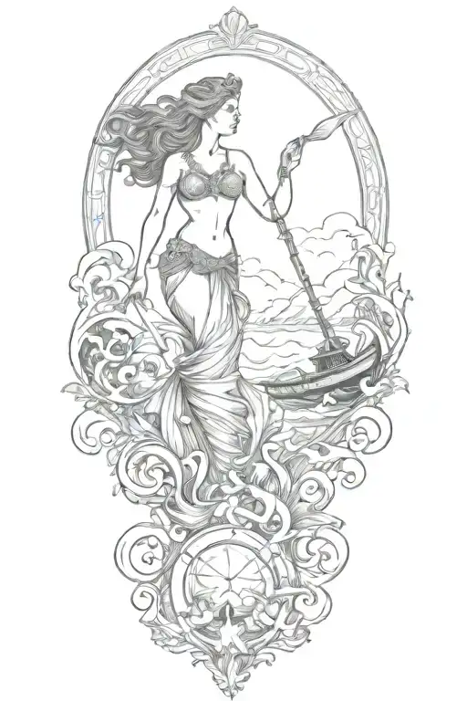 Greek Mythology Inspired Tattoo Featuring A Mermaid A Boat And Poseidon