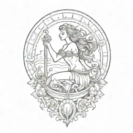 Greek Mythology Inspired Tattoo Featuring A Mermaid A Boat And Poseidon