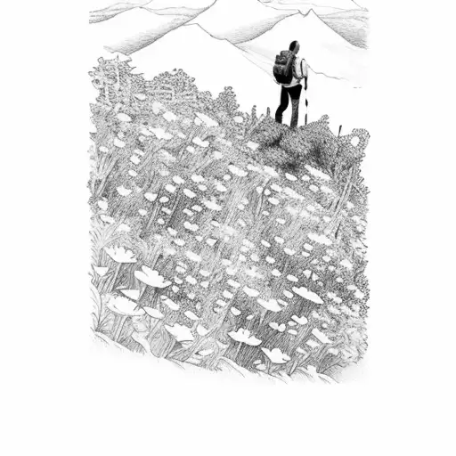 A Hiker Standing On A Cliff Edge Overlooking A Breathtaking Floral Valley