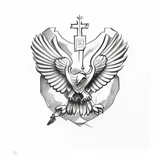 A Sketch-style Tattoo Of An Albanian Eagle Holding A Catholic Rosary