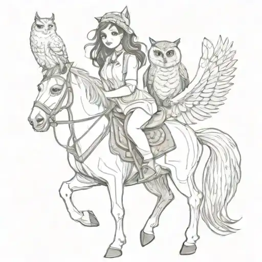 Women On A Horse Holding An Owl Sitting