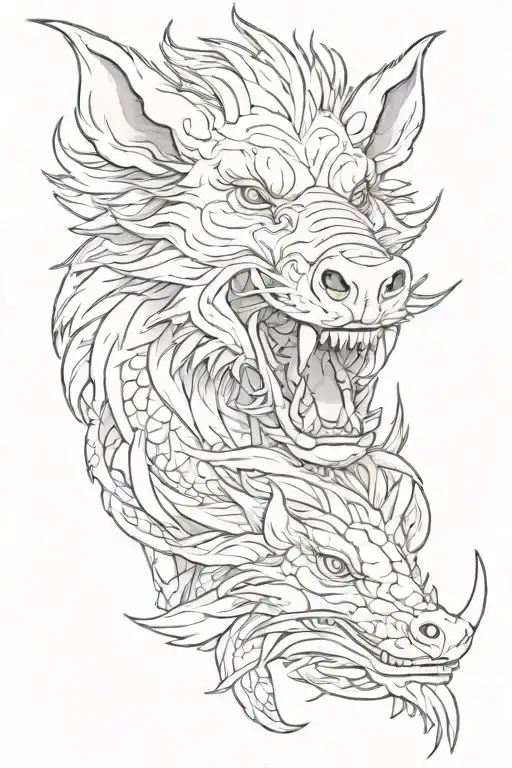 Wild Boar Head And Chinese Dragon