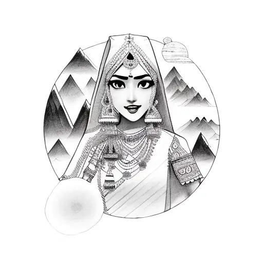 Beautiful Pahadan Girl With All Garhwali Jewllery With Mountain Sketch