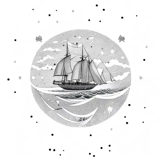 A Ship Sailing Under A Starry Sky With A Silhouette Of A Capricorn Constellation
