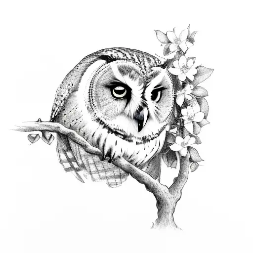 An Owl On An Apple Tree Branch With An Apple Blossom Flower