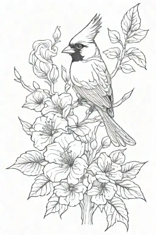 Flowers And A Cardinal Perched