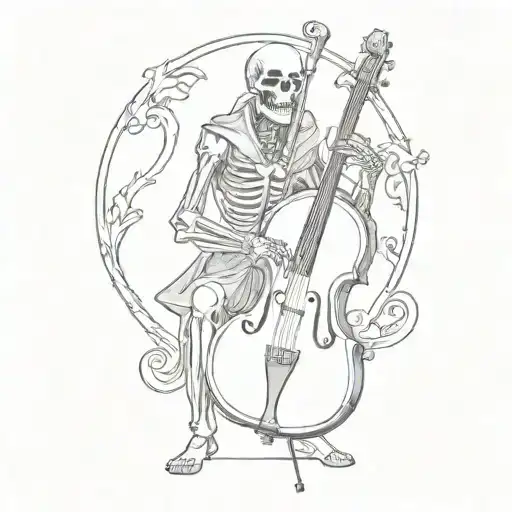 Skeleton In A Floor Length Black Cloak Playing An Upright Bass With A Bow