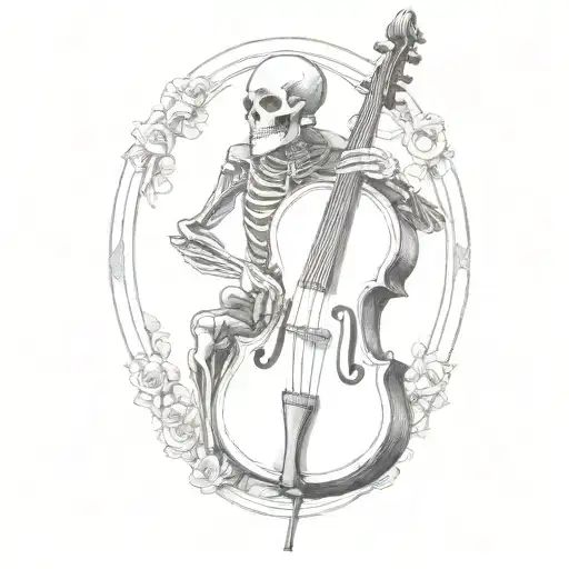 Skeleton In A Floor Length Black Cloak Playing An Upright Bass With A Bow