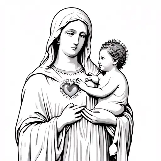 Our Lady Of The Sacred Heart With The Baby Jesus In Her Arm Pointed To His Heart