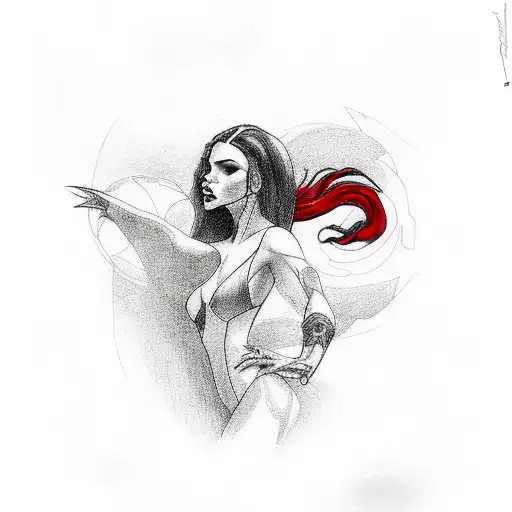 A Scarlet Witch Tattoo With Black And Red Ink For The Spine