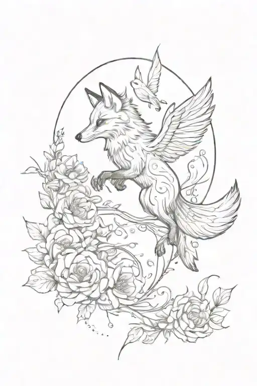 One Fox Jumping A Raven And Flowers