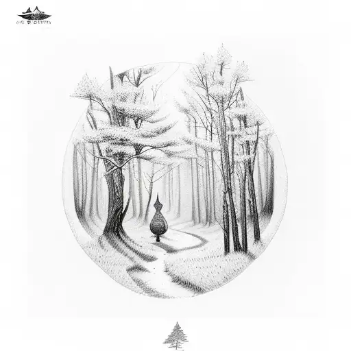 A Dotwork Tattoo Of A Serene Forest Scene With Woodworking Tools Hidden Within