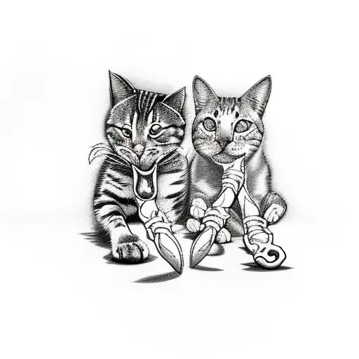 A Sketch-style Tattoo Of A Playful Cat And Dog Sharing A Meaty Bone