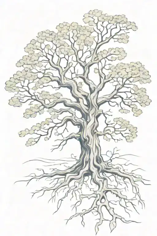 An Oak Tree With Spreading Branches And Roots