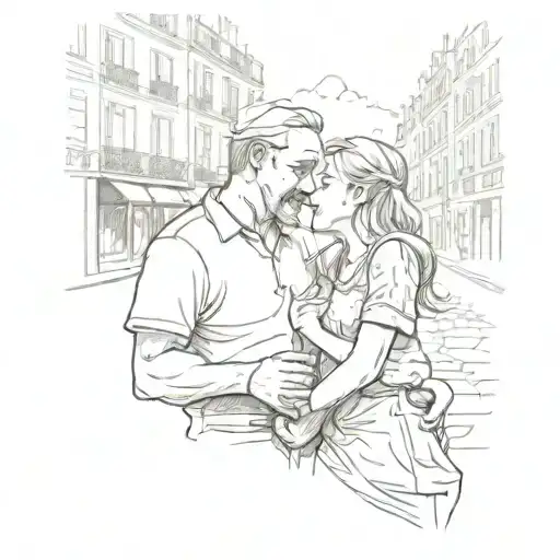 A Sketch Tattoo Of A Father And Daughter Singing Together On A Parisian Street