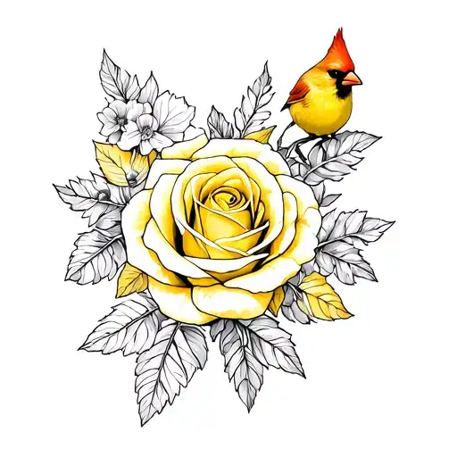 Yellow Rose With Violets And Cardinals