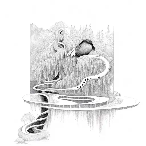 Waterfall And Raven And Snake And Weeping Willow Tree