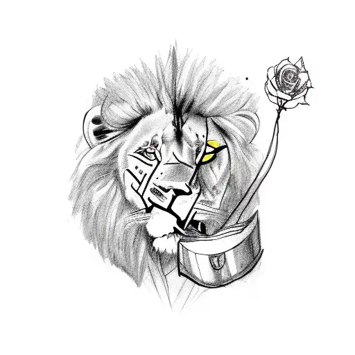 A Human Warrior At Little Dawn With His Pet Lion Holding A Book And A Little Rose