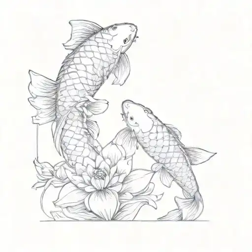 Koi Fish And Lotus Flower Blooming