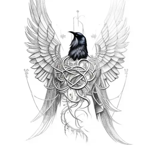 Tattoo Of A Raven Clad In Golden Wings Bound To The Ethereal World By Vines
