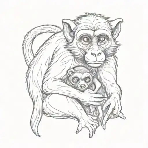 Macaque Monkey Holding A Raccoon
