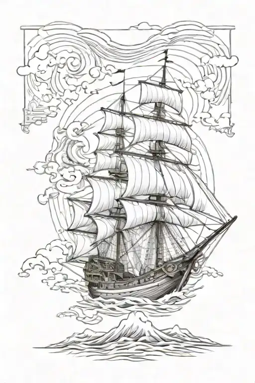Pirate Ship On Great Wave Off Kanagawa And Ancient World Map