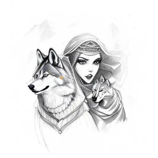 A Mysterious Woman With A Wolf Companion In A Sketch Style
