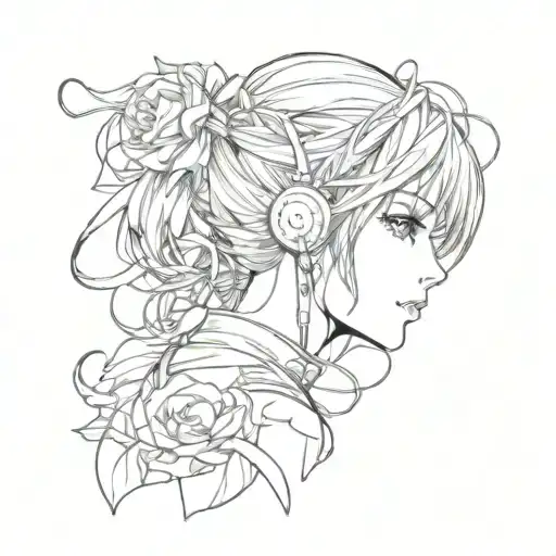 A Sketch Tattoo Of An Anime Girl With A Subtle Music Theme Incorporated Into The Design