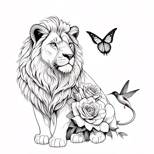 Female Lion With A Butterfly A Hummingbird A Rose Of The Flowers And Flowers