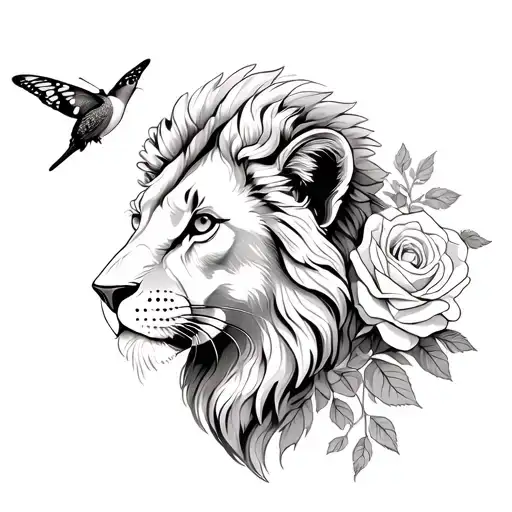 Female Lion Head With A Butterfly A Hummingbird A Rose From The Flowers And Flowers