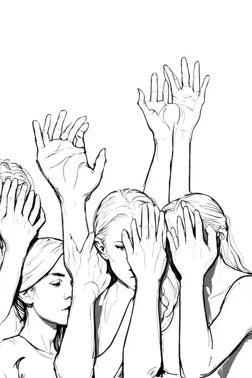 Group Heads Bowed 1 Hand Raised