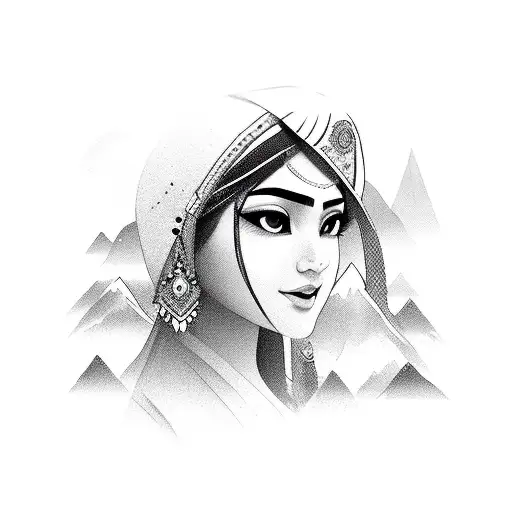 Beautiful Pahadi Girl With Outlining Sketch Mountains