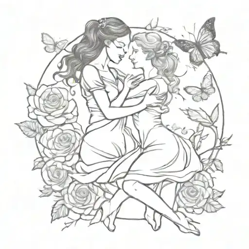 A Sketch Of A Mother And Daughter Dancing Together Surrounded By A Garden Of Roses And Butterflies