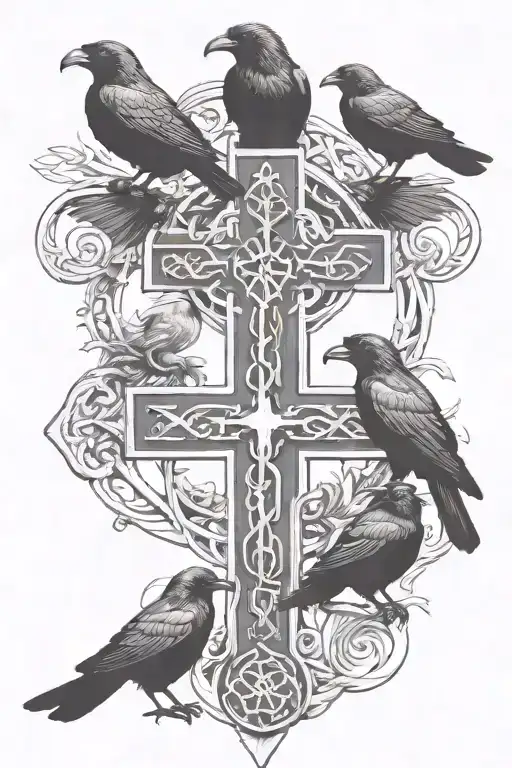 Rooker Family Crest With 2 Large Crows And 4 Small Crows With Celtic Cross