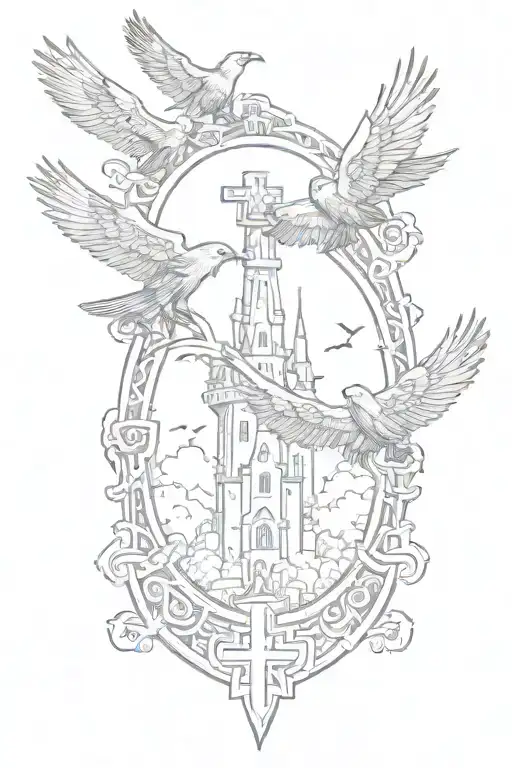 Rooker Family Crest With Castle Rookery With 6 Crows On A Celtic Cross