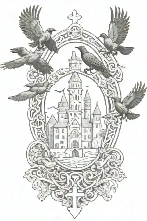Rooker Family Crest With Castle Rookery With 6 Crows On A Celtic Cross