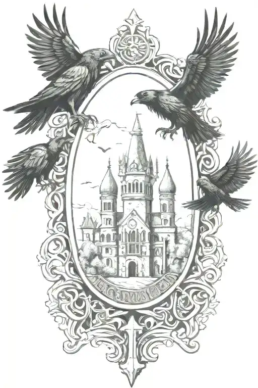 Rooker Family Crest With Castle Rookery With 6 Crows On A Celtic Cross