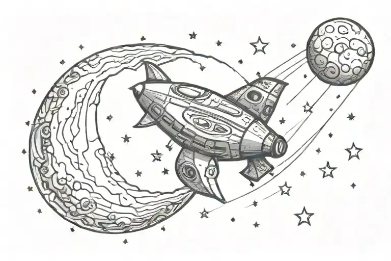 Moon With Stars And Spaceship