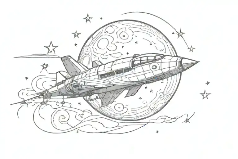 Moon With Stars And Spaceship