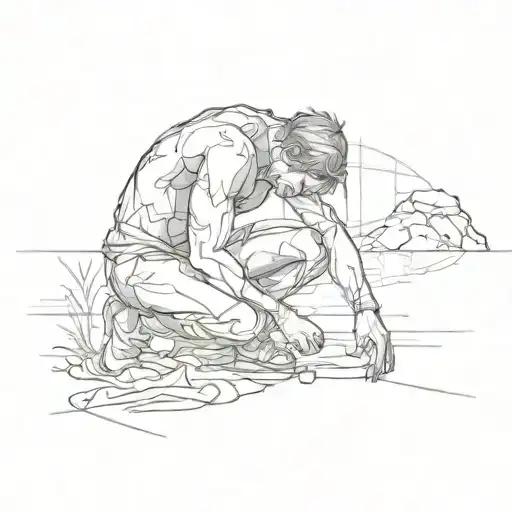 A Sketch Of A Submissive Figure Kneeling In Front Of A Dark Romantic Scene